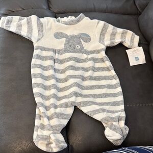 Little Me Gray and White Striped Footie with Bunny Design